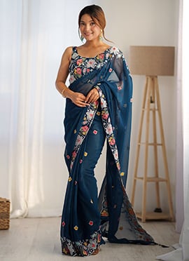 Teal Georgette Embroidered Sequins Saree