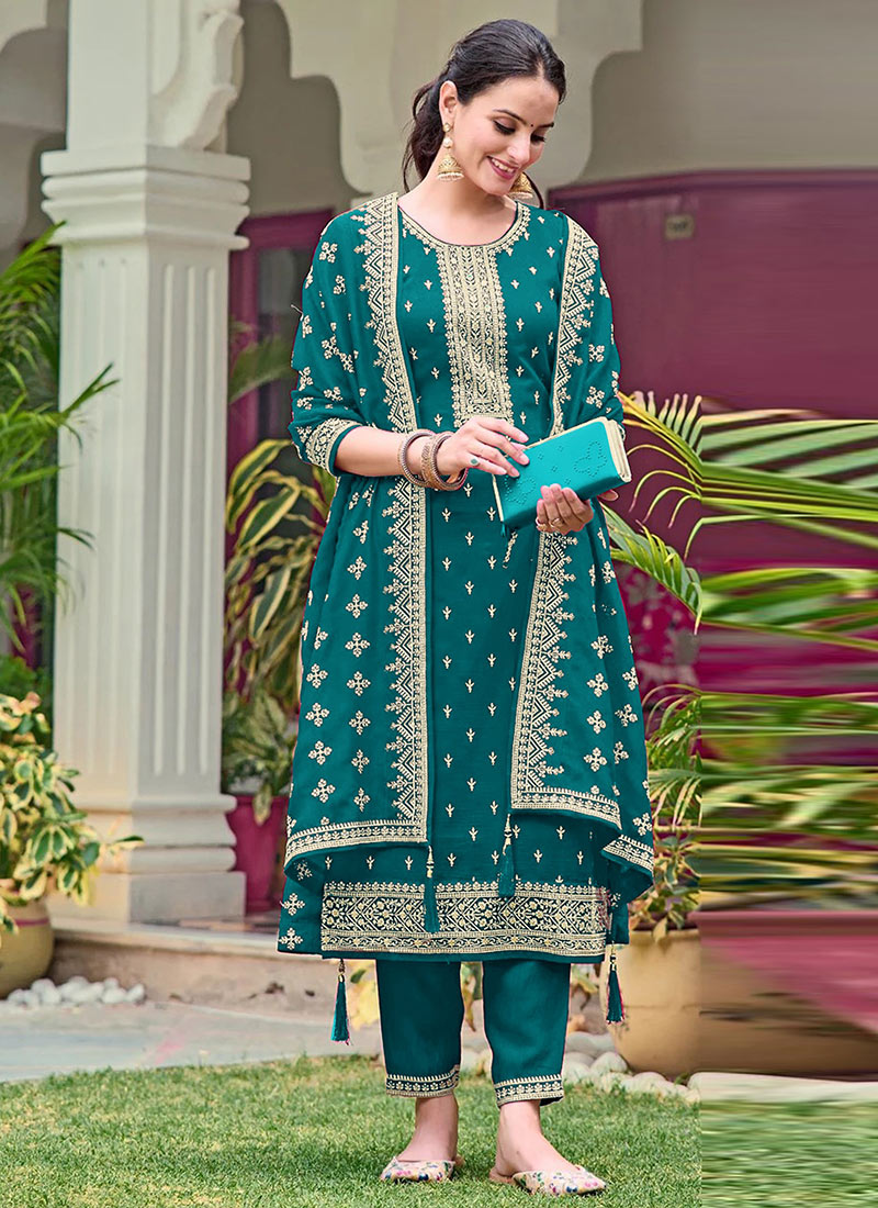 Teal Georgette Embroidered Sequins Straight Pant Suit Festive Wear