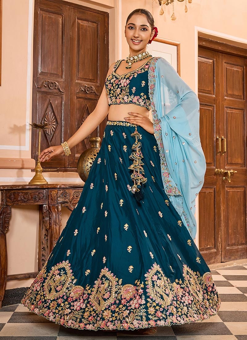 Teal Georgette Embroidered Sequins With Mirror Work Lehenga Wedding Wear