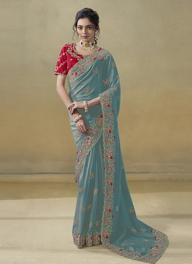 Teal Georgette Embroidered Stones And Zari Saree Wedding Wear