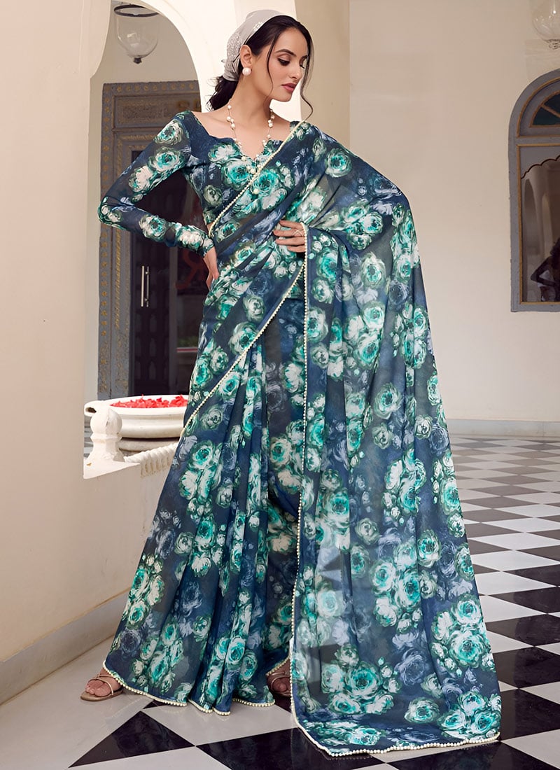 Teal Georgette Floral Printed Pre Draped Saree After Six Wear