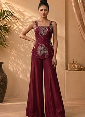 Teal Georgette Georgette Zari Beads Sequins Embroidered Indo Western Palazzo Set