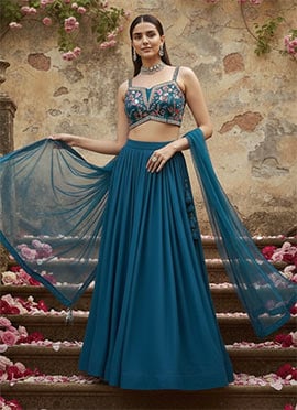 Teal Georgette Hand Embroidered Sequins Lehenga