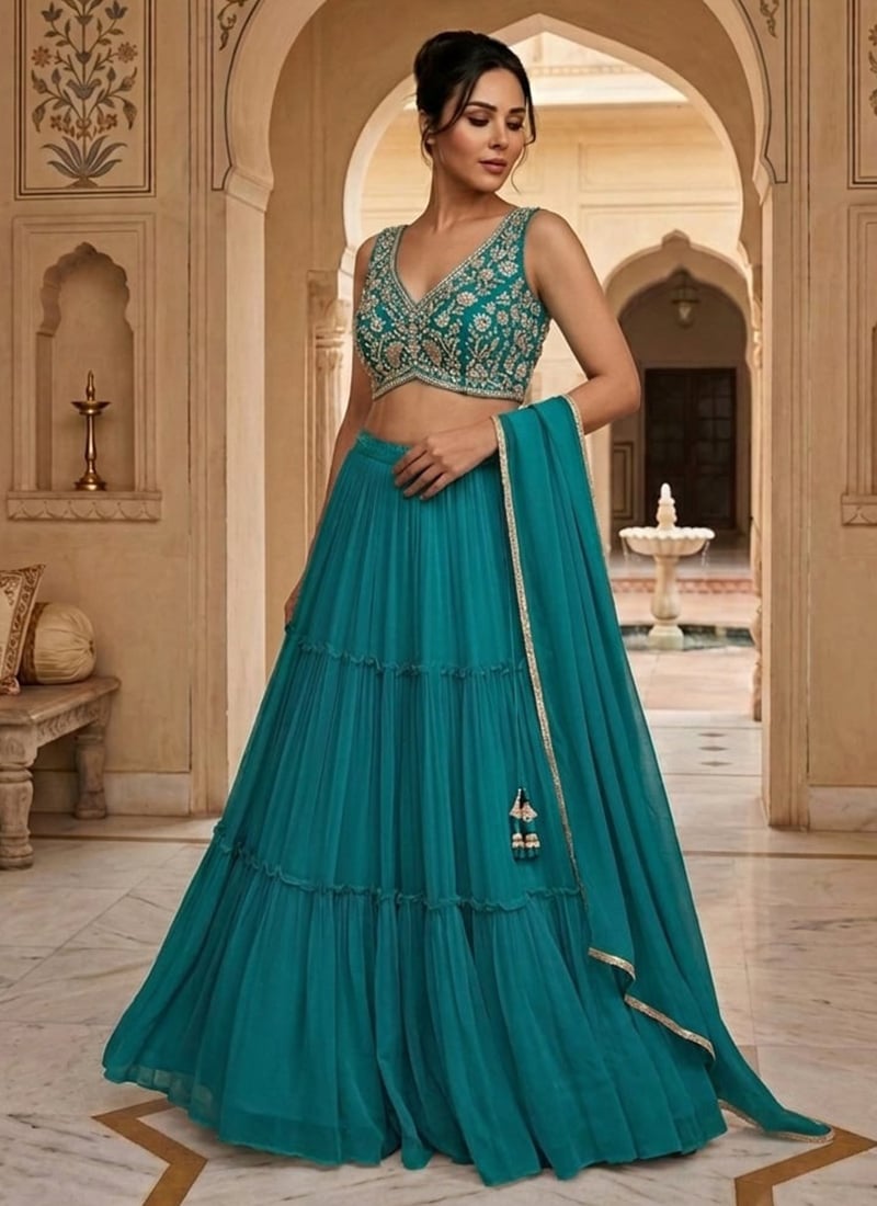 Teal Georgette Hand Embroidered Sequins With Stone Work Lehenga Wedding Wear