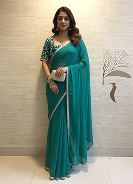 Teal Georgette Hand Embroidered With Beads Work Saree
