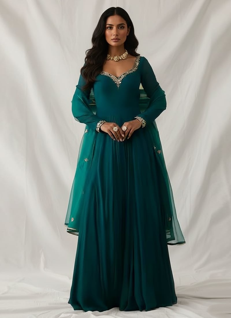 Teal Georgette Mirror Work Anarkali Suit Festive Wear