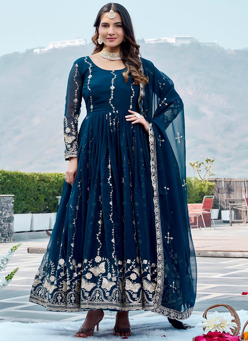 Teal Georgette Sequin Anarkali Suit Festive Wear