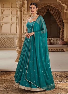Teal Georgette Sequins Anarkali Suit