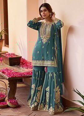 Teal Georgette Sequins And Stone Embroidered Sharara Suit