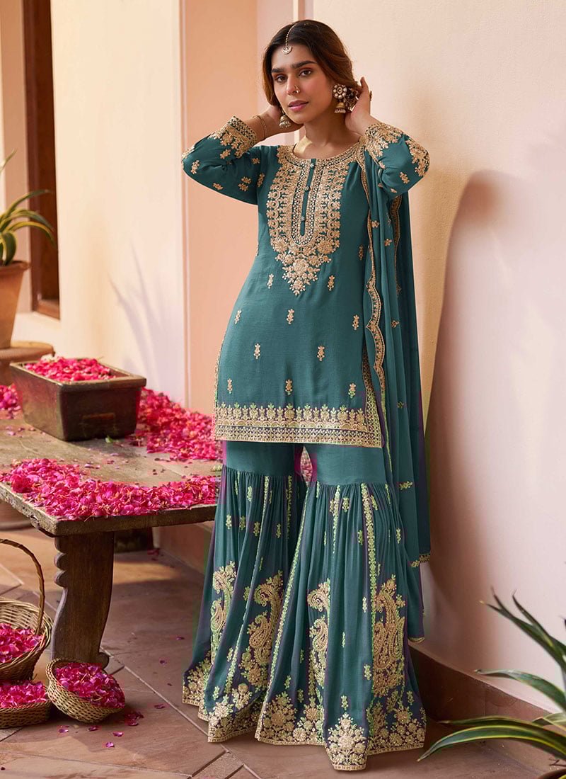 Teal Georgette Sequins And Stone Embroidered Sharara Suit Festive Wear