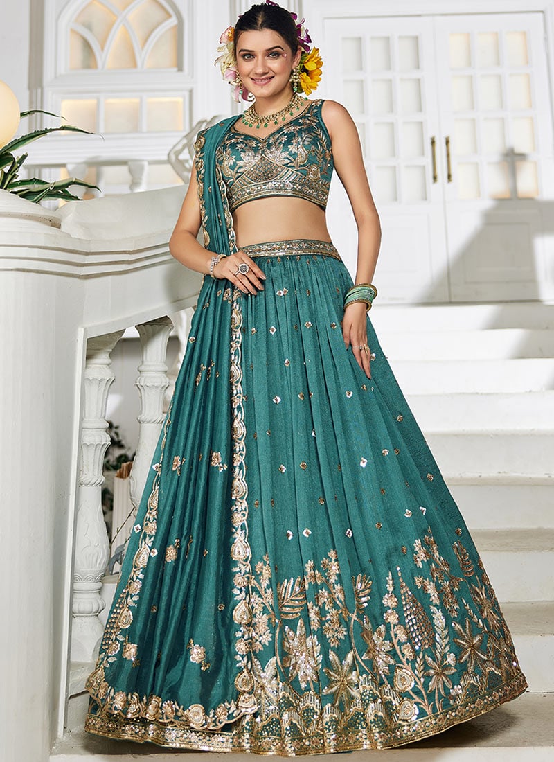 Teal Georgette Sequins Embroidered Cut Work Zari Lehenga Set