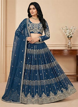 Teal Georgette Sequins Embroidered Lehenga