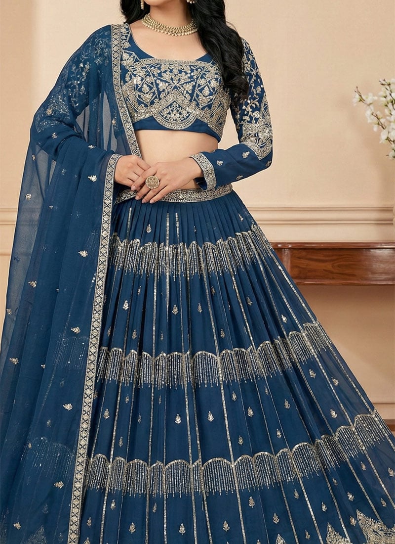 Teal Georgette Sequins Embroidered Lehenga Wedding Wear