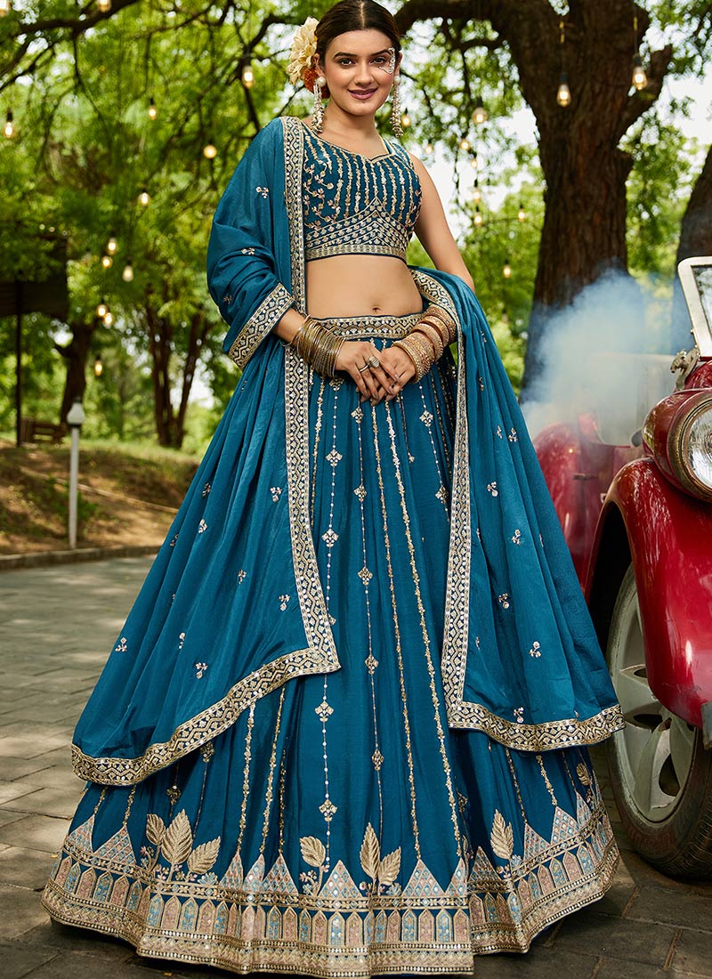 Teal Georgette Sequins Embroidered Zari Lehenga Set