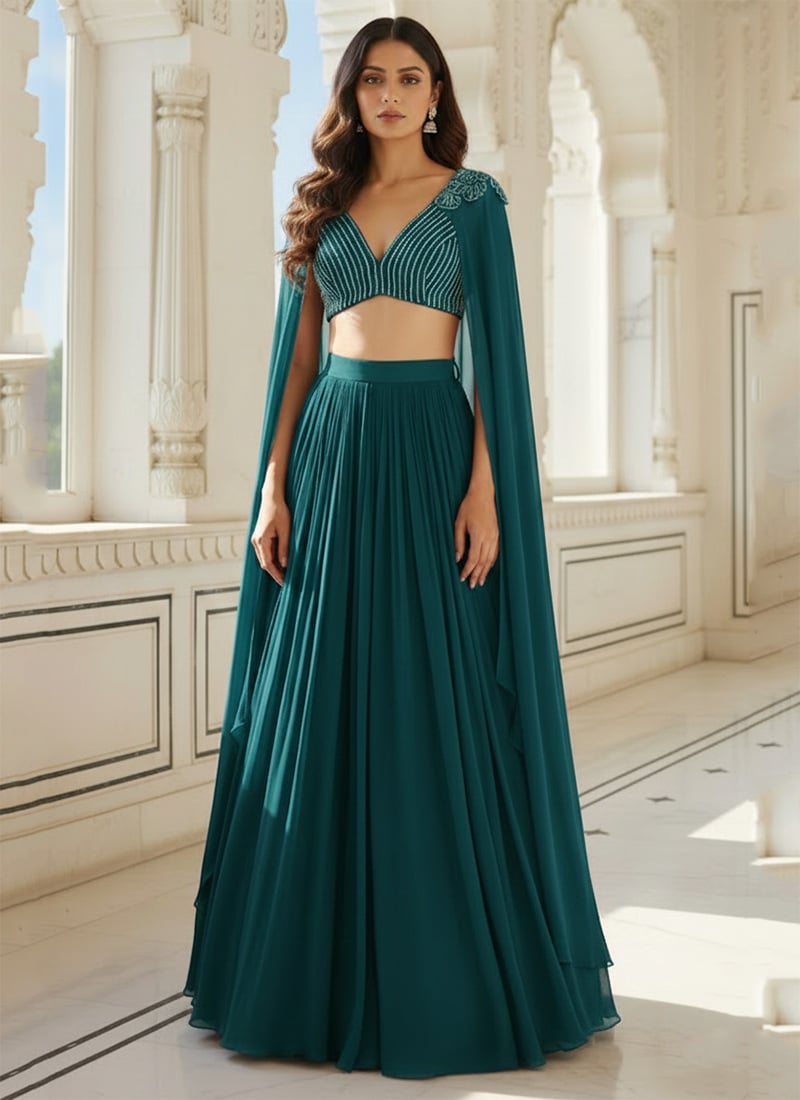 Teal Georgette Sequins Hand Embroidered A Line Lehenga Wedding Wear