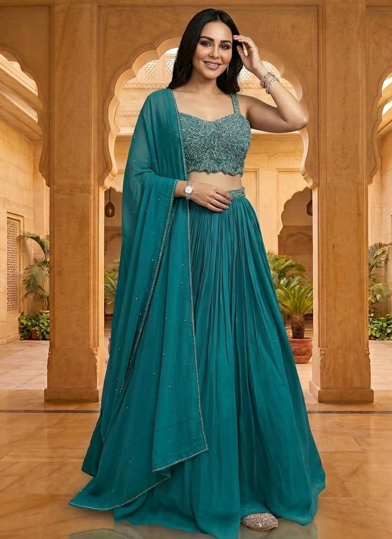 Teal Georgette Sequins Hand Embroidered Lehenga Wedding Wear