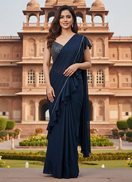 Teal Georgette Sequins Hand Work Ruffled Saree