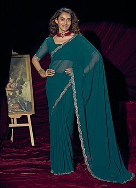 Teal Georgette Stone Work Saree