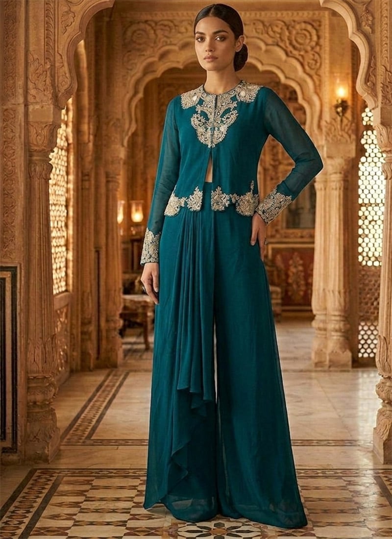 Teal Georgette Stones Sequins Beads Hand Embroidered Indowestern Palazzo Set Wedding Wear
