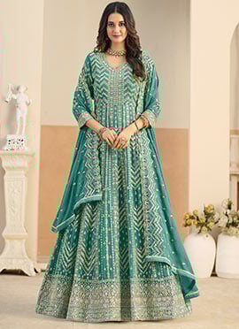 Teal Georgette Zari Embroidered Sequins Anarkali Suit