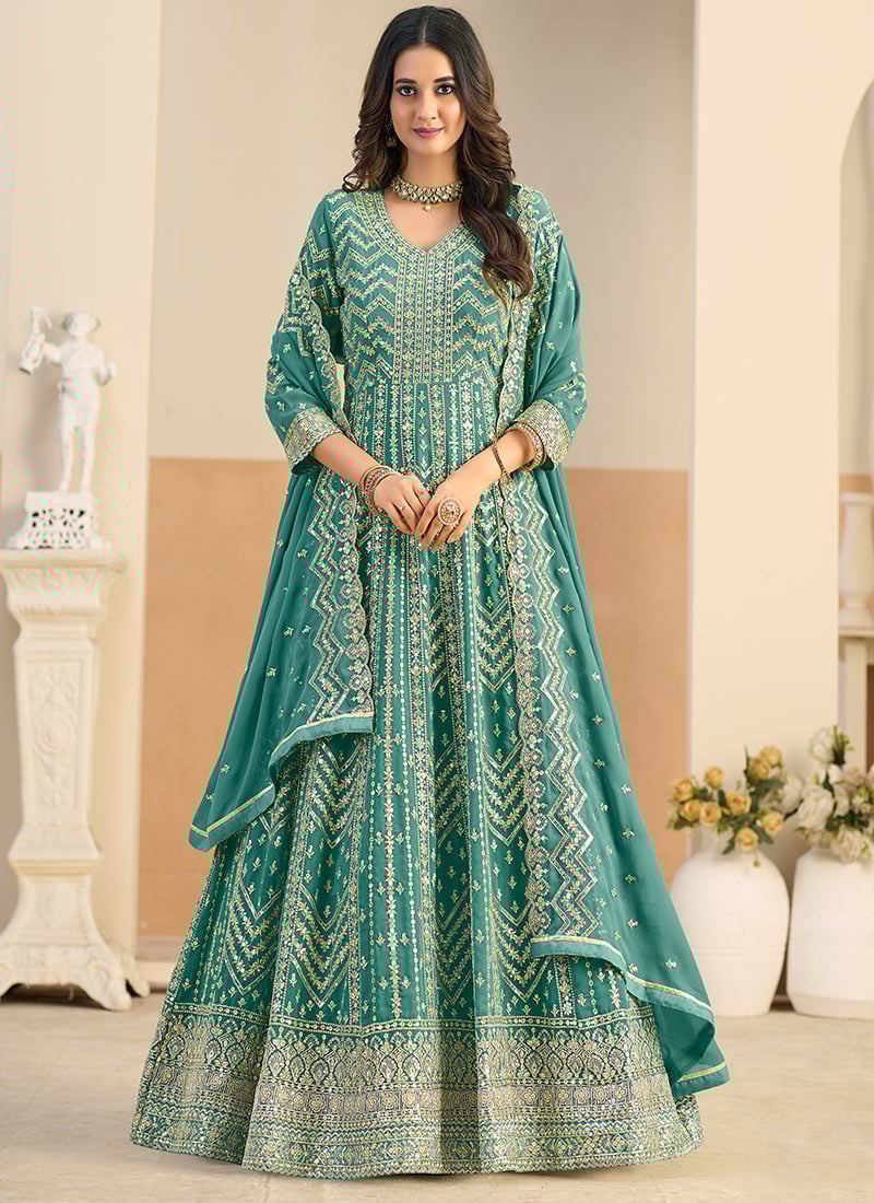 Teal Georgette Zari Embroidered Sequins Anarkali Suit Festive Wear