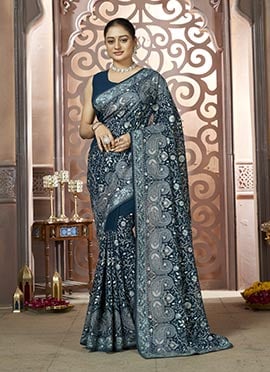 Teal Georgette Zari Embroidered Sequins And Stone Work Saree