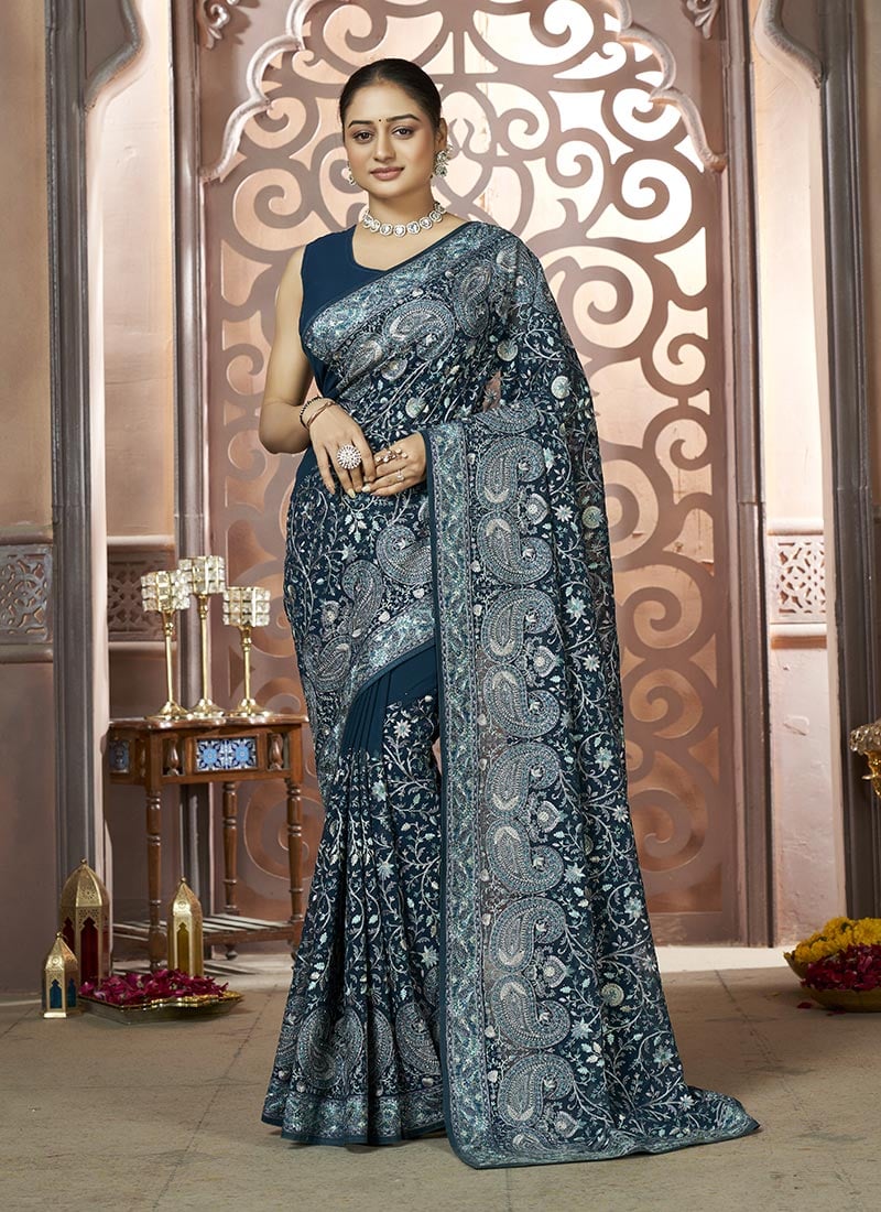 Teal Georgette Zari Embroidered Sequins And Stone Work Saree Wedding Wear