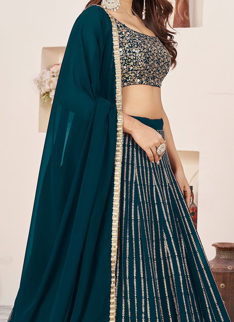 Teal Green Georgette Blouse With Lehenga For Indian & Pakistani Wedding Festival - Sequins Zari Embroidered Work