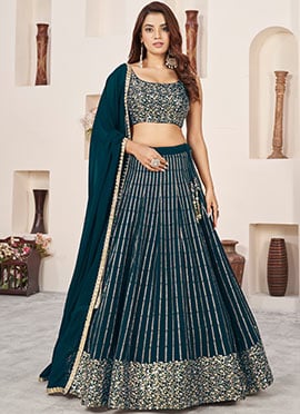 Teal Georgette Zari Embroidered Sequins Elegant Lehenga