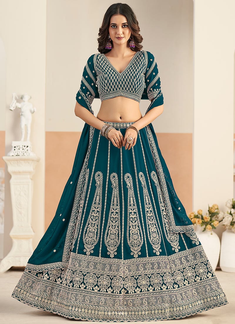 Teal Georgette Zari Embroidered Sequins Lehenga Set Wedding Wear