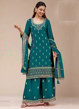 Teal Georgette Zari Embroidered Sequins Palazzo Suit