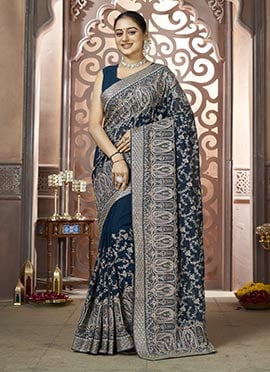 Teal Georgette Zari Embroidered Stone Work Saree