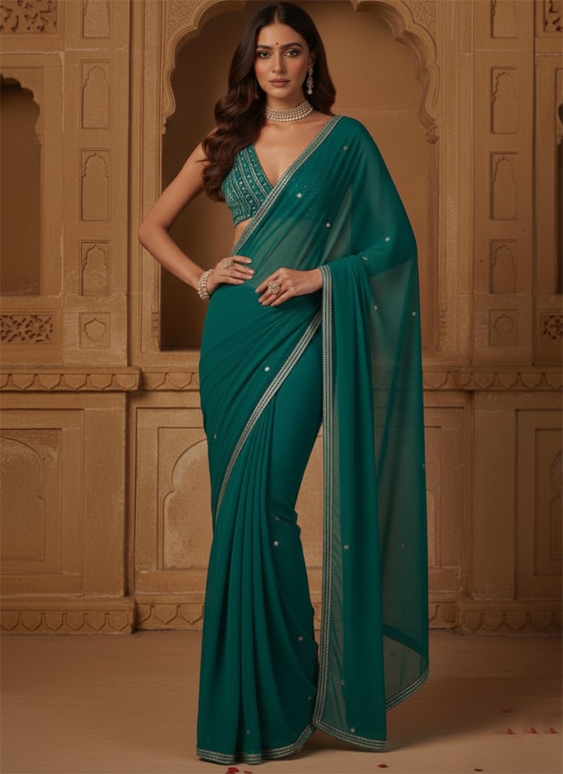 Teal Georgette Zari Hand Embroidered Sequins Saree Wedding Wear