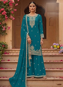 Teal Georgette Zari Sequin Embroidered Palazzo Suit