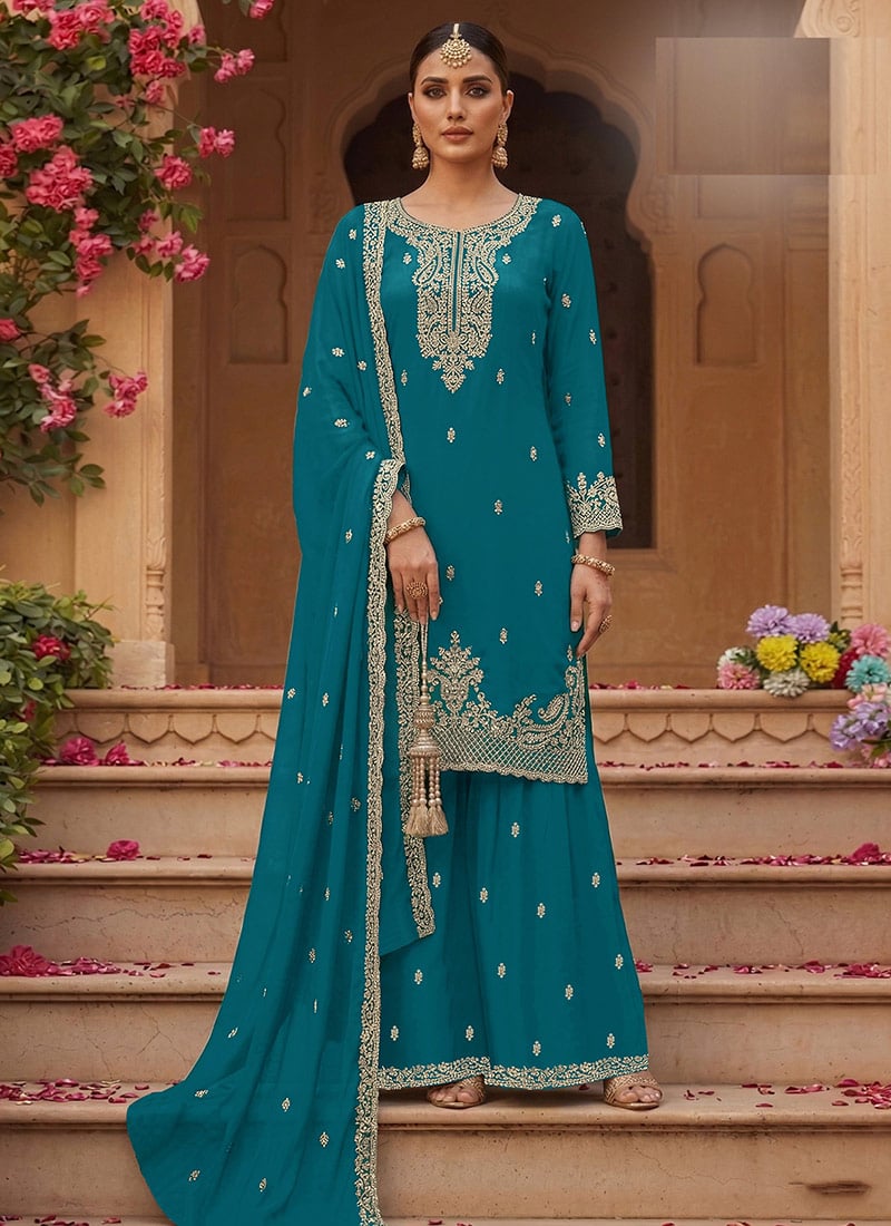 Teal Georgette Zari Sequin Embroidered Palazzo Suit Festive Wear