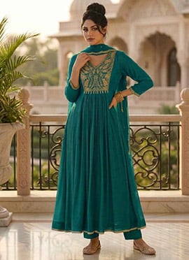 Teal Georgette Zari Sequins Embroidered Anarkali Suit
