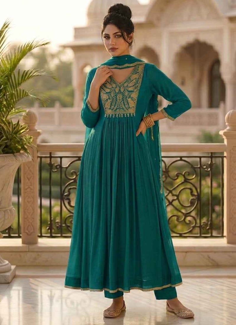 Teal Georgette Zari Sequins Embroidered Anarkali Suit Festive Wear