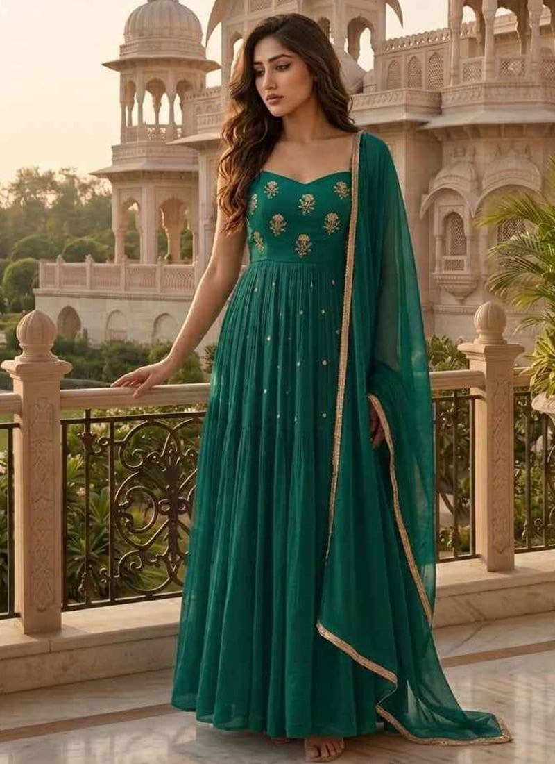Teal Georgette Zari Sequins Embroidered Anarkali Suit Festive Wear