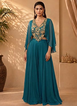 Teal Georgette Zari Sequins Embroidered Indo Western Palazzo Set