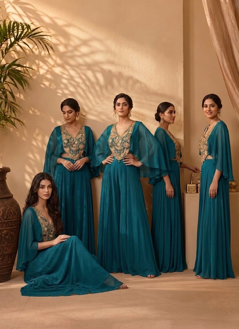 Teal Georgette Zari Sequins Embroidered Indo Western Palazzo Set Wedding Wear