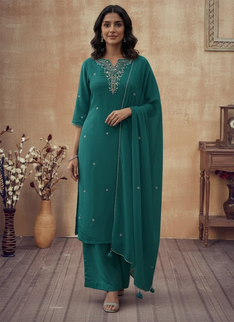 Teal Georgette Zari Sequins Hand Embroidered Palazzo Suit Festive Wear