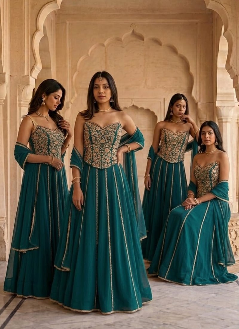 Teal Georgette Zari Sequins Stones Lehenga Wedding Wear