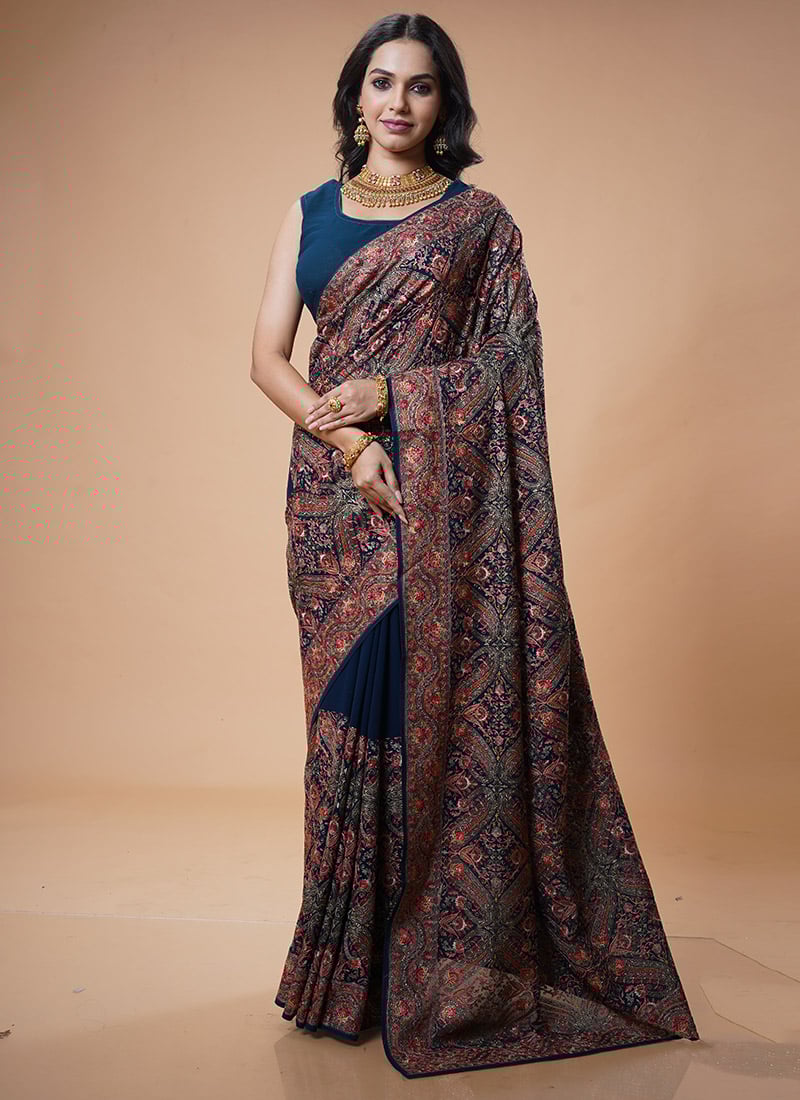 Teal Georgette Zari Stone Work Saree Wedding Wear-SASRFK1841