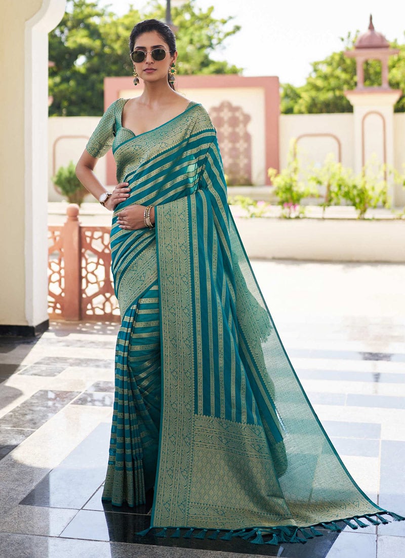 Teal Georgette Zari Woven Saree Festive Wear