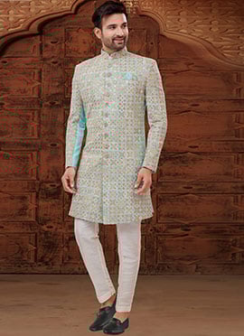 Teal Green Art Silk Lucknowi Nawab Sherwani