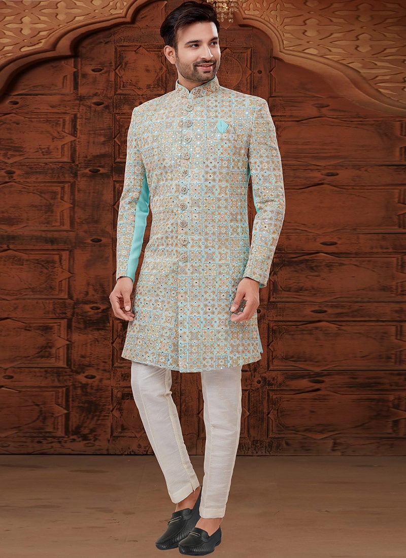 Teal Green Art Silk Lucknowi Nawab Sherwani Wedding Wear