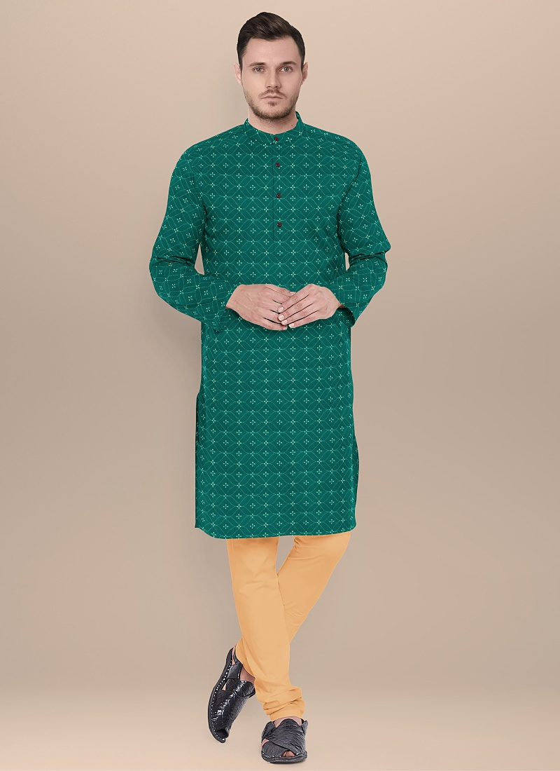 Teal Green Art Silk N Beige Kurta Pyjama Set