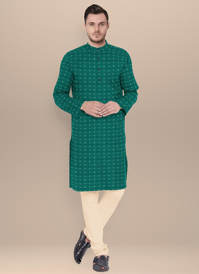 Teal Green Art Silk N Cream Kurta Pyjama Set