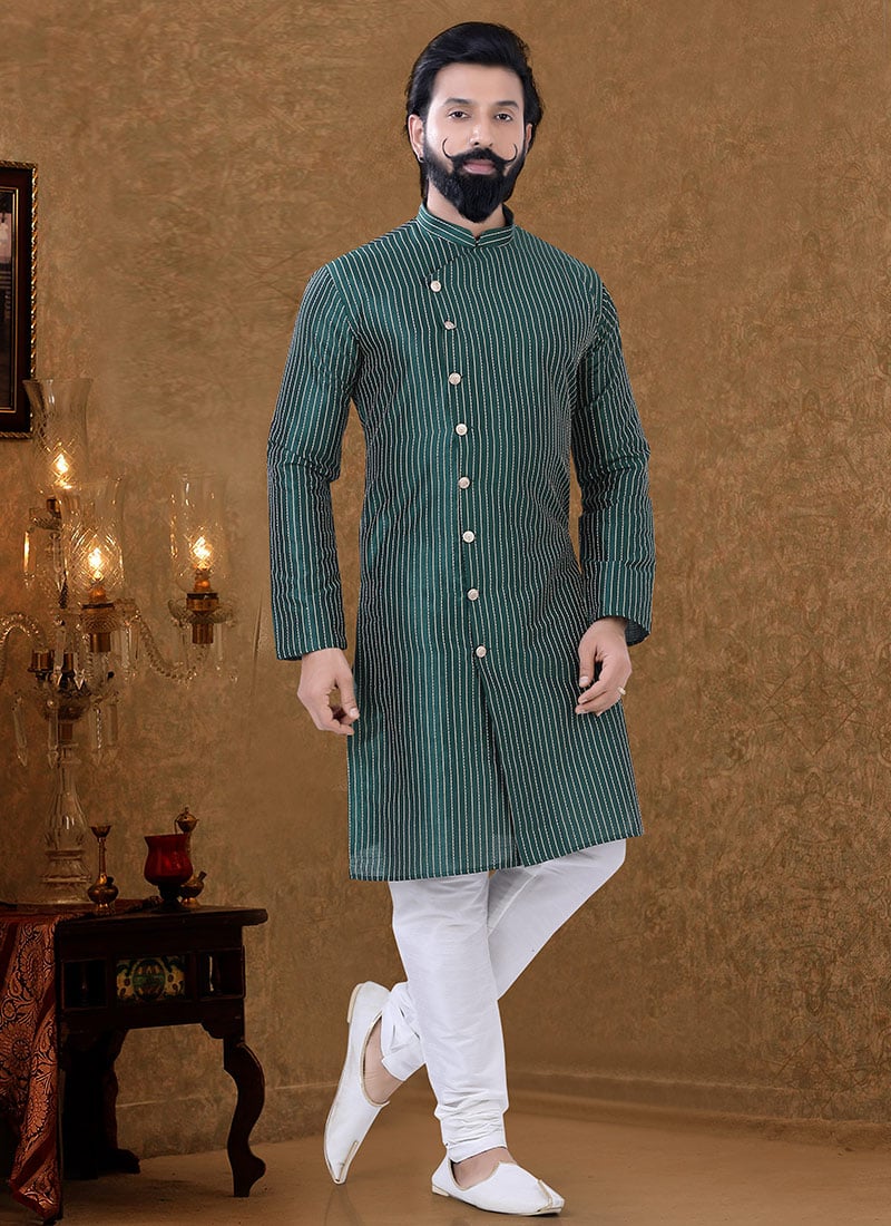 Teal Green Art Silk Printed Kurta Pyjama Party Wear