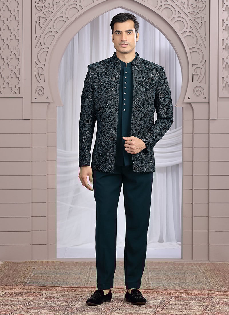 Teal Green Art Silk Zari Embroidered Sequins Blazer